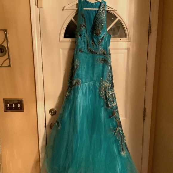 Dresses & Skirts - Turquoise and brown peacock prom dress .